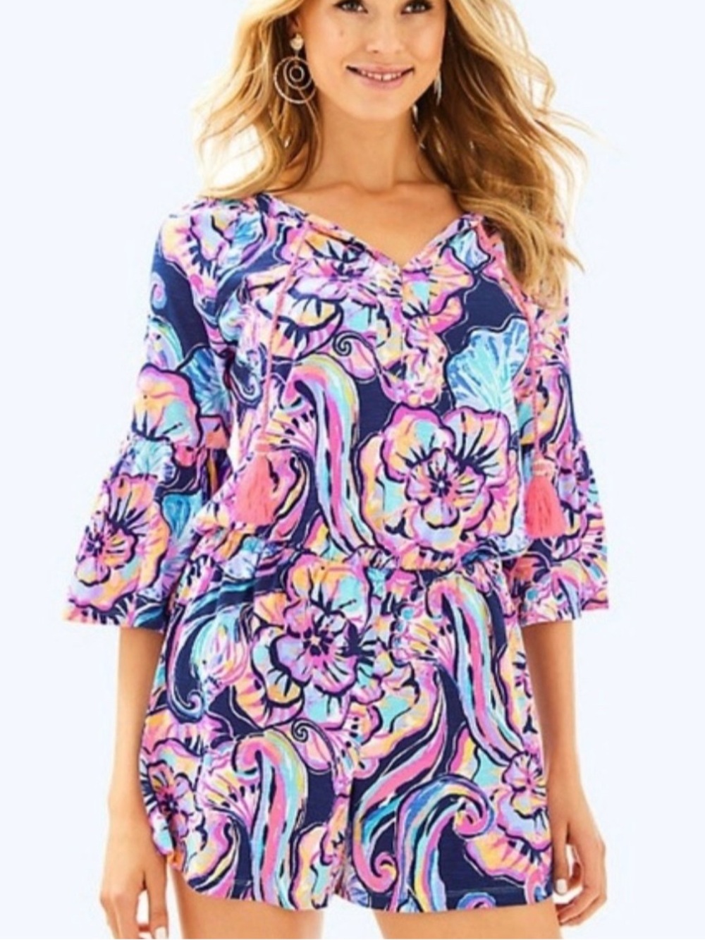 Lilly Pulitzer Vibrant Floral Navy Romper with Pastel Accents
